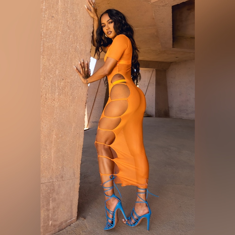 Orange Mesh Cut out side Midaxi Dress 🧡